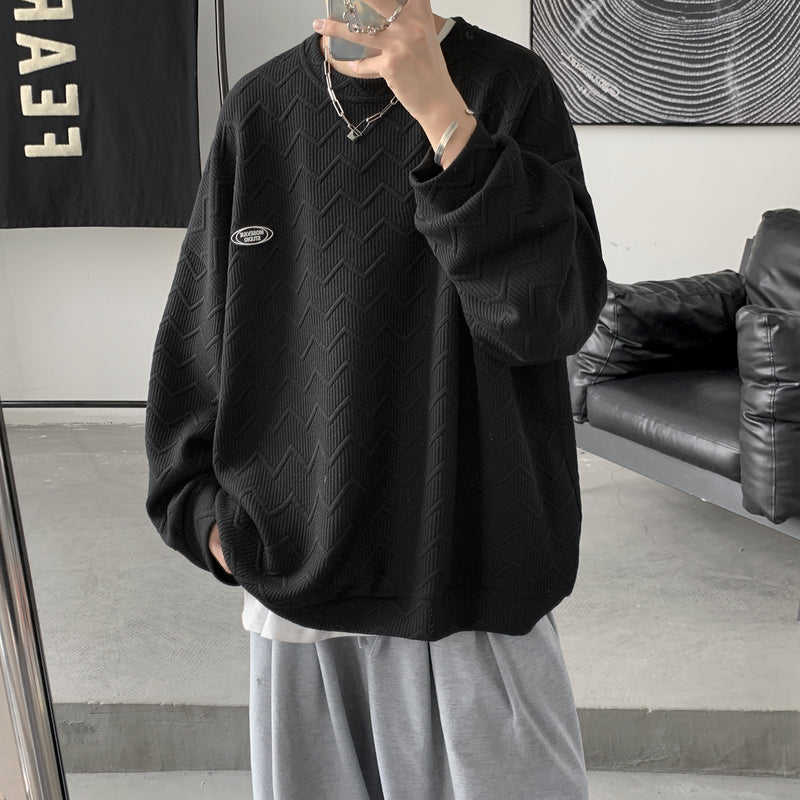 Men Hoodie Waffle Sweater Men's Spring and Autumn Couple Trendy Brand Loose round Neck