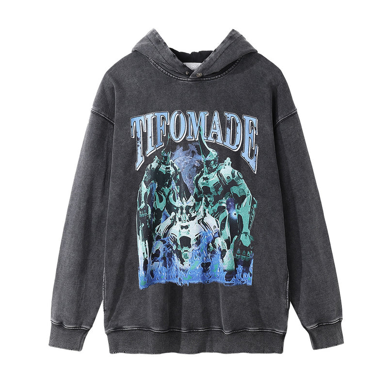 Men Hoodie Robot Printed Hoodie Men's Washed Make Old Ripped