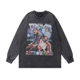 Men Long Sleeve Shirt  Vintage Floral Print Long Sleeves Bottoming T-shirt Men and Women Washed Distressed