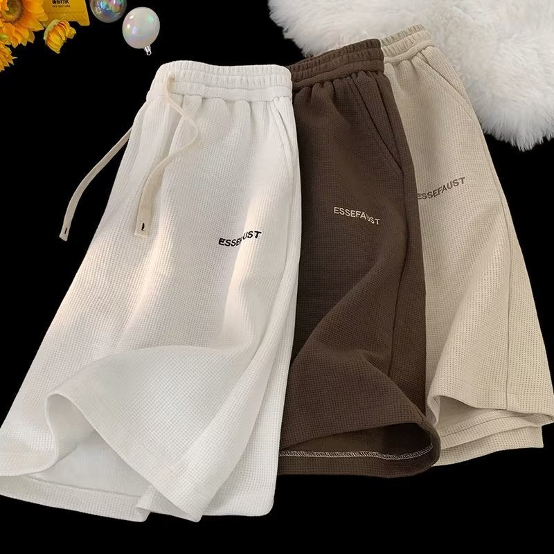 Men Sweatpants Waffle Shorts Men's Summer Retro Loose Casual