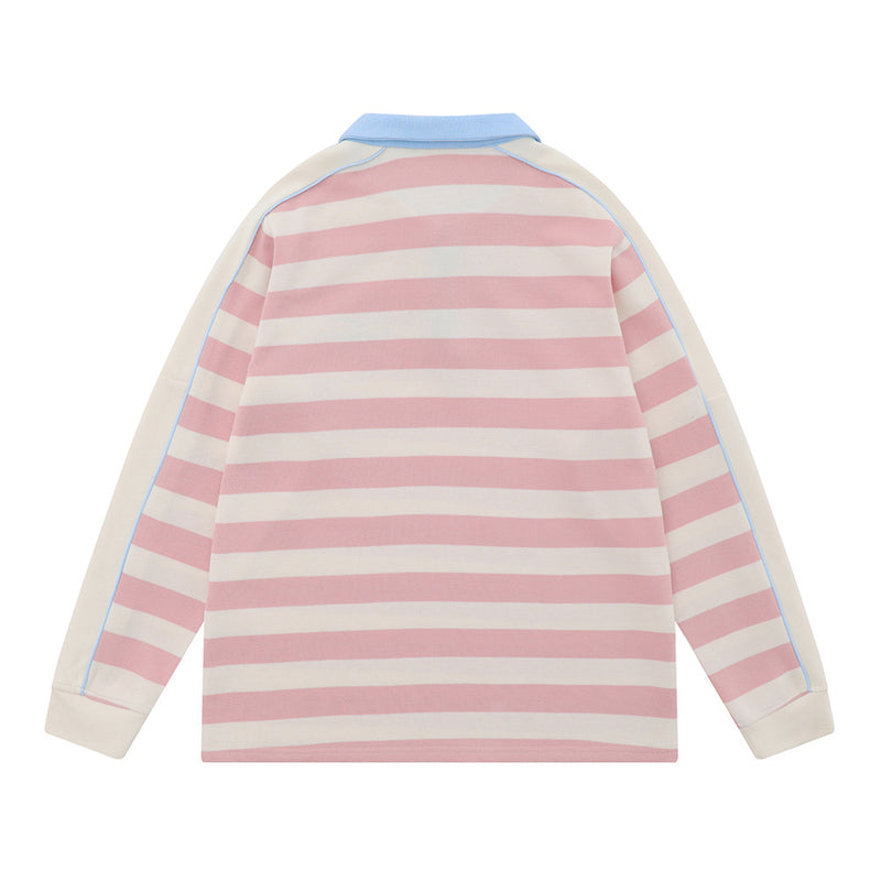 Men Hoodie Striped Stitching Lapel Sweater Loose Contrast Color Polo Shirt Long Sleeve Top