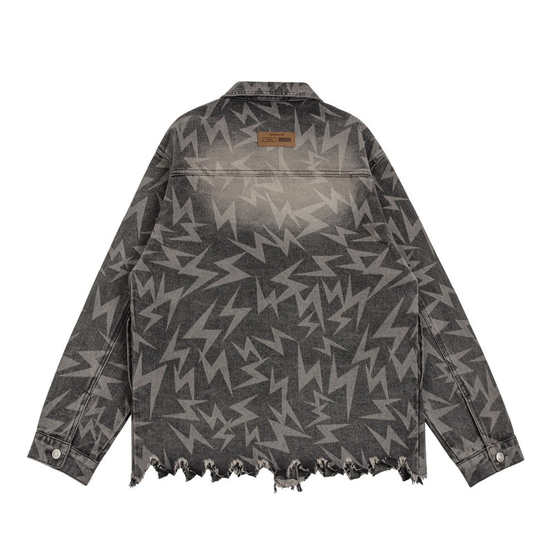 Men Denim Jacket Lightning Printed Jacket Coat Washed Distressed Denim Jacket