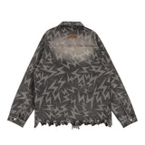 Men Denim Jacket Lightning Printed Jacket Coat Washed Distressed Denim Jacket