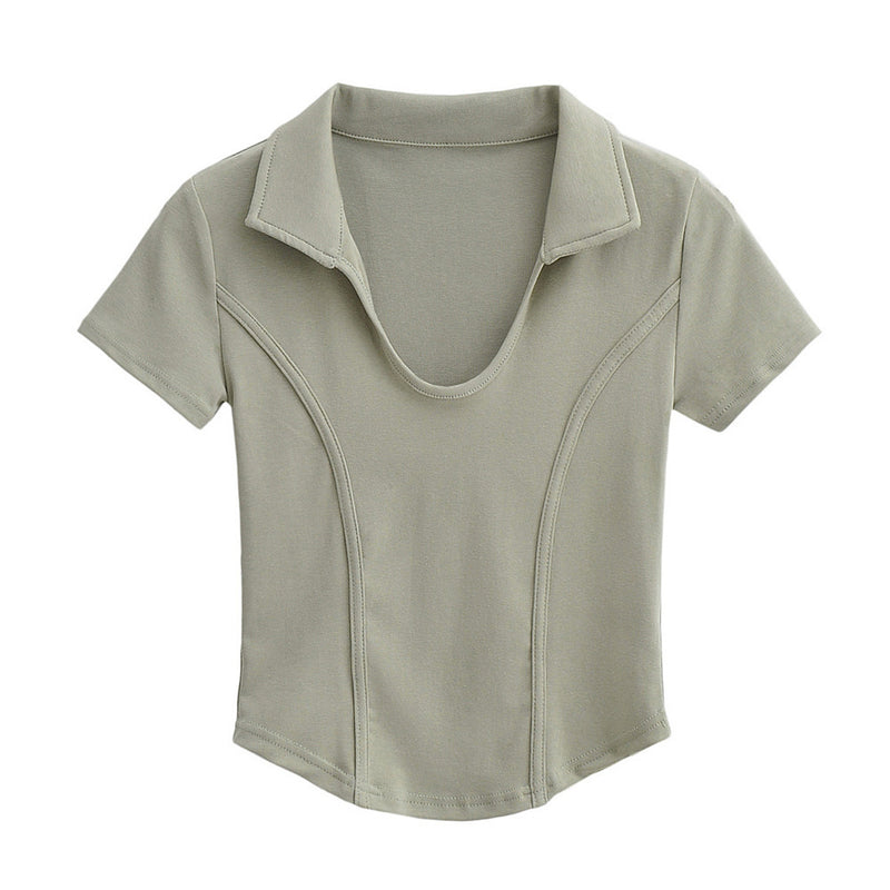 Women T-Shirt Polo Lapel Fitted Short T-shirt Short Sleeve Top
