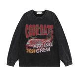 Men Long Sleeve Shirt Vintage Printed Washed Distressed Long Sleeve Bottoming T-shirt for Men and Women