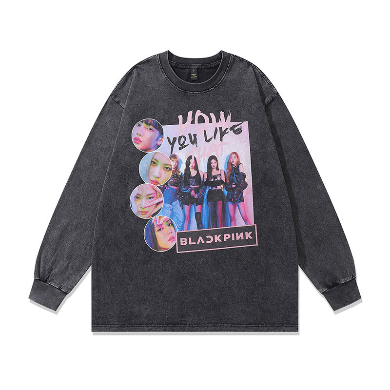 Men Long Sleeve Shirt Hip Hop Retro Washed and Worn Long Sleeve T-shirt Men's and Women's Tops Autumn