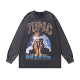 Men Long Sleeve Shirt Vintage Printed Washed and Worn Long Sleeve Bottoming T-shirt for Men and Women