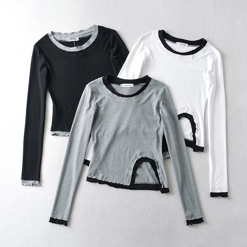 Women T-Shirt Spring Split Slim Fit Long-Sleeved T-shirt