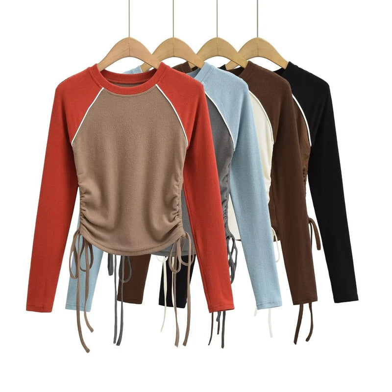 Women T-shirt Color Contrast Patchwork Drawstring Long Sleeve Top O-neck Short