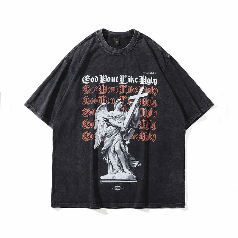 Men T Shirt Angel Print Wash Short Sleeve T-shirt Men and Women Retro Couple