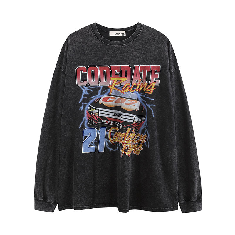 Men Long Sleeve Shirt Vintage Printed Washed Loose Long Sleeve T-shirt Men and Women Couple