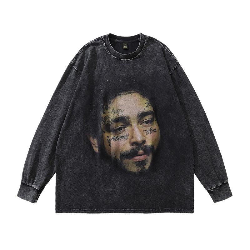 Men Long Sleeve Shirt Vintage Portrait Printing Long Sleeve T-shirt Washed and Worn Men and Women Autumn