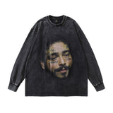 Men Long Sleeve Shirt Vintage Portrait Printing Long Sleeve T-shirt Washed and Worn Men and Women Autumn