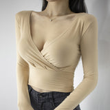 Women Long Sleeve Shirt V-neck Short Sleeve Tight Top for Women Short Bottoming Shirt