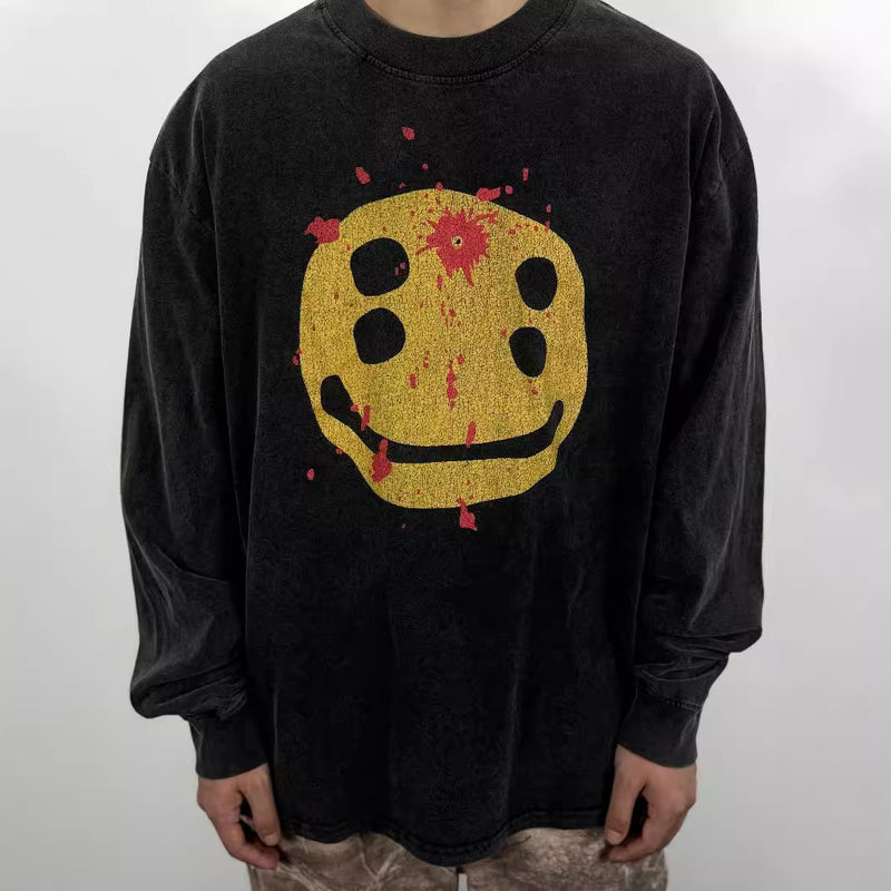 Men T-shirts "Broken Smiley Face" Pattern Printed T-Shirt Old Washed Vintage Long Sleeves