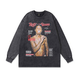 Men Long Sleeve Shirt Hiphop Rap Portrait Printing Distressed Long Sleeve T-shirt Men and Women Retro Hip Hop