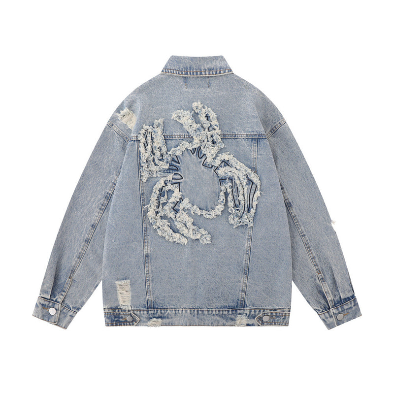 Men Denim Jacket Embroidered Spider Denim Jacket Men Loose Wash Do the Old Cowboy Coat