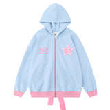 Men Hoodie Two-Way Zipper Hooded Jacket Five-Pointed Star Rope Bow Bandage Sweater