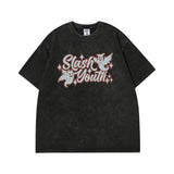 Men T Shirt Letter Print Worn Looking Washed-out Short Sleeve T-shirt Female Hip Hop