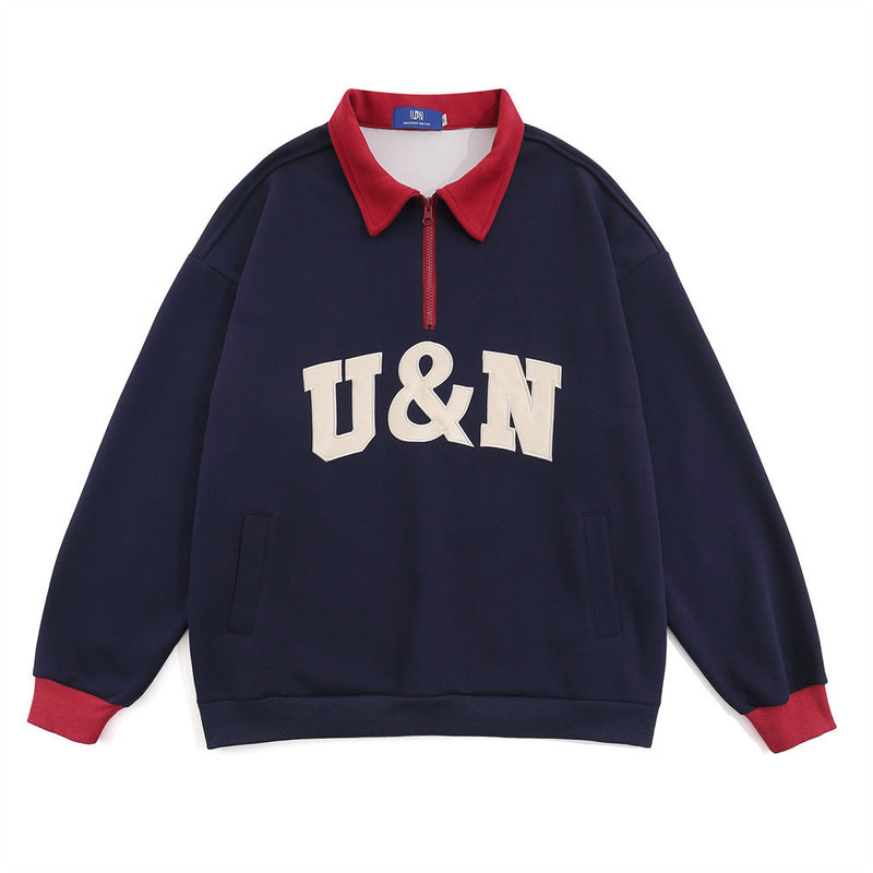 Men Hoodie Lapel Sweater Men's Spring and Autumn Loose Contrast Color Polo Collar Half Zipper Top