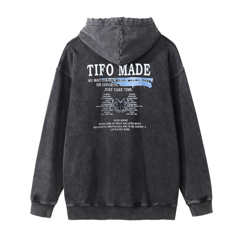 Men Hoodie Dark Devil Print Washed Distressed Hooded Sweater Loose Hand Frayed Pullover