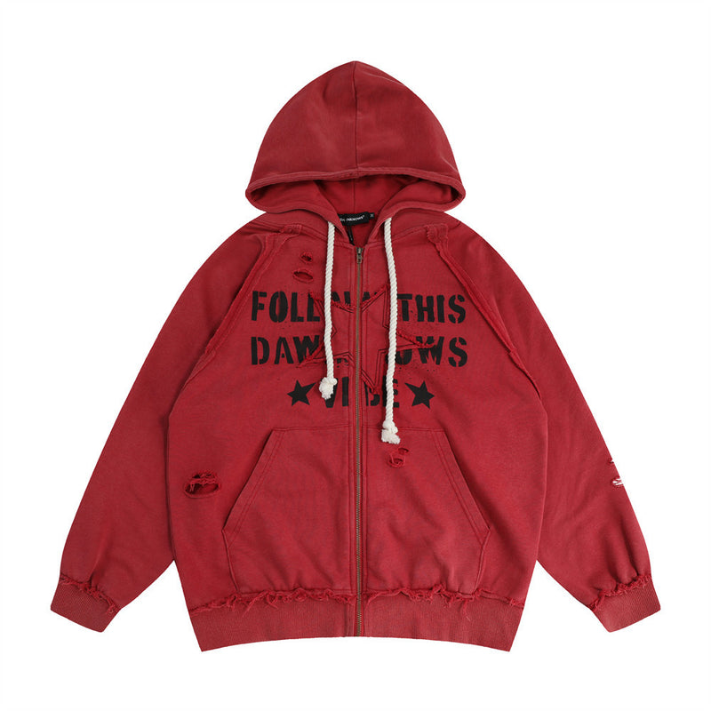 Men Hoodie Hooded Sweater Letter Print Distressed Men Autumn Coat