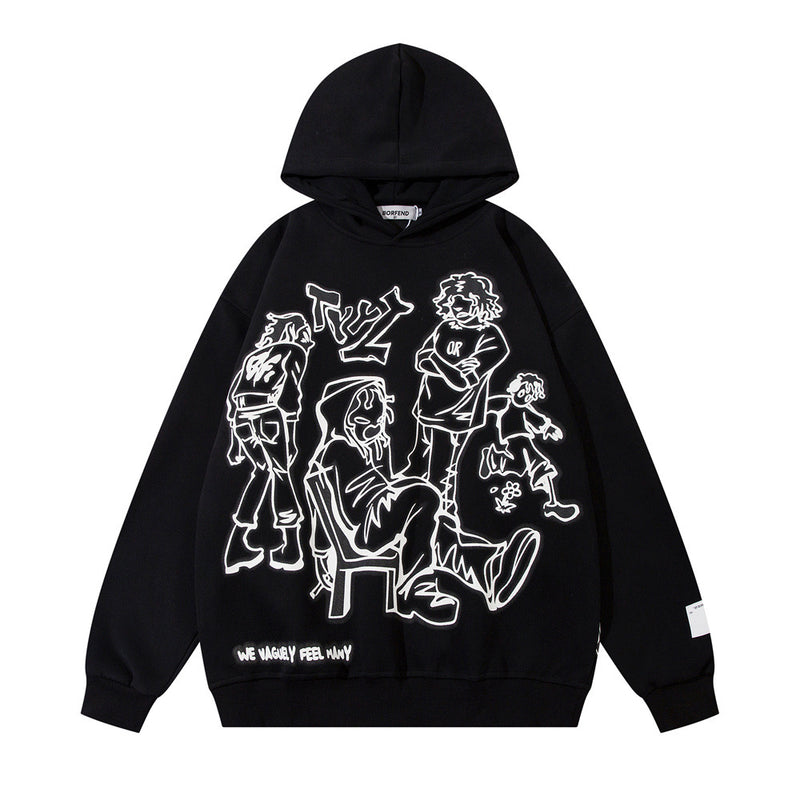 Men Hoodie Line Figure Printed Hoodie Loose Autumn and Winter Pullover Hoodie