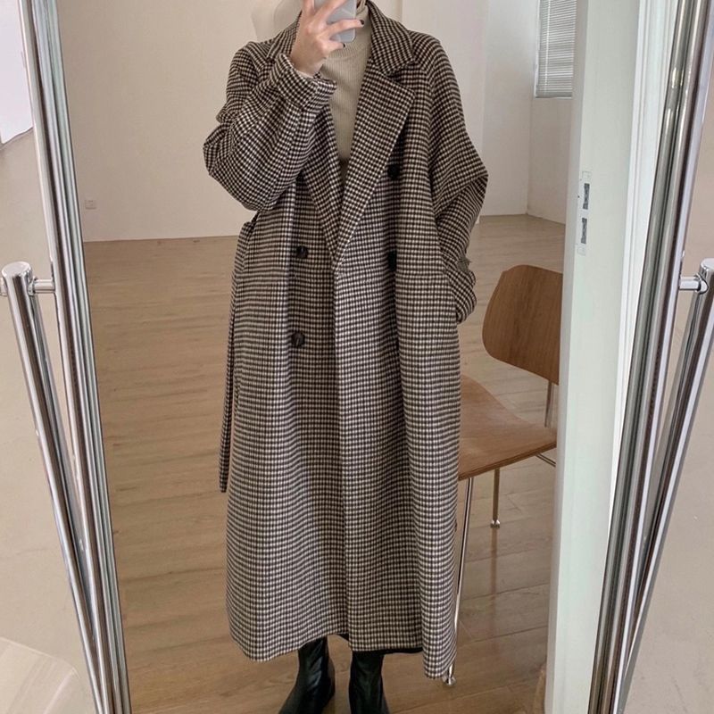 Plaid Trench Coat Autumn Loose Long Houndstooth Woolen Coat for Women