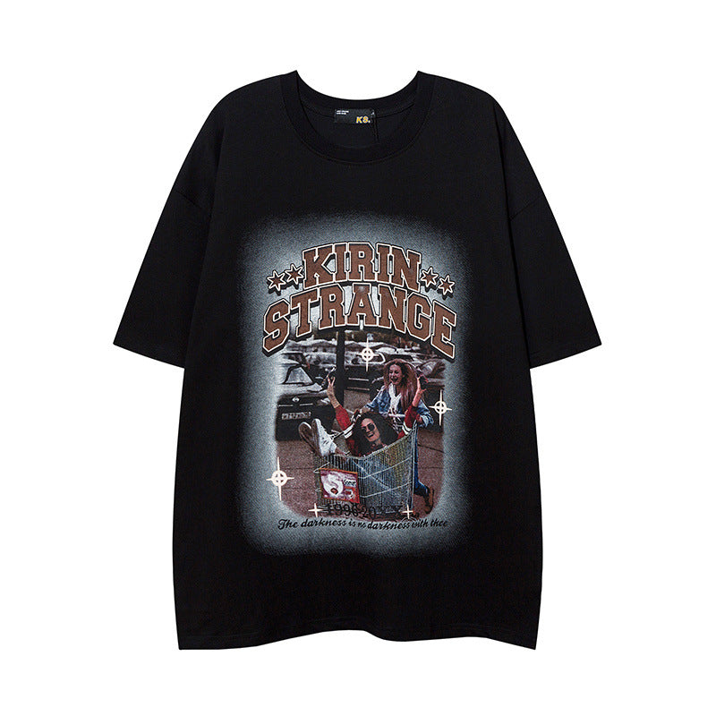 Men T Shirt Vintage Printed Short Sleeve Men's and Women's Loose Distressed T-shirt