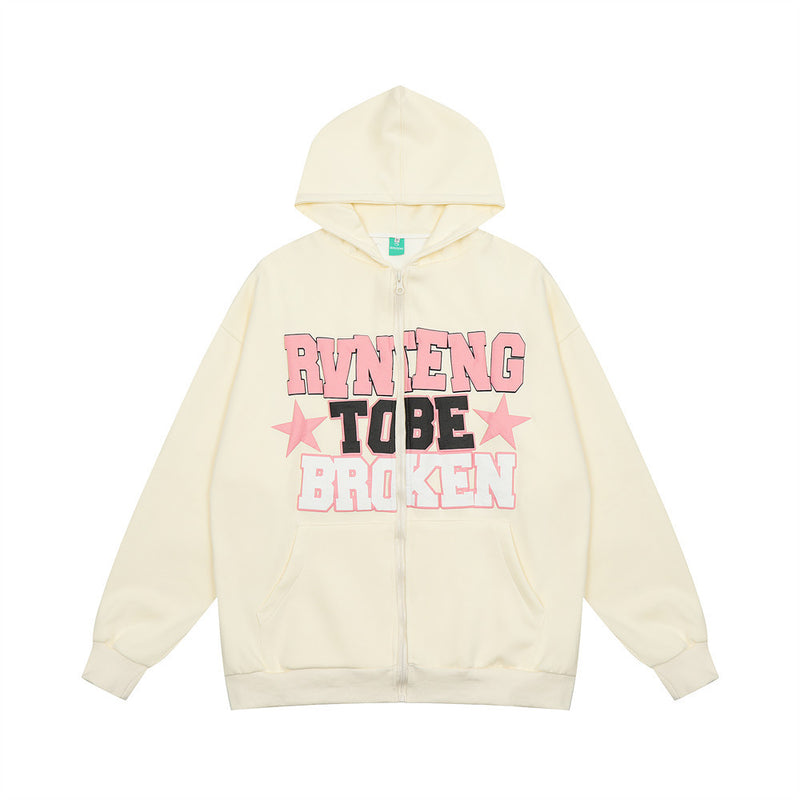 Men Hoodie Letter Printed Cardigan Sweater Casual Long Sleeve Spring and Autumn Top Vibe Loose Hooded Coat