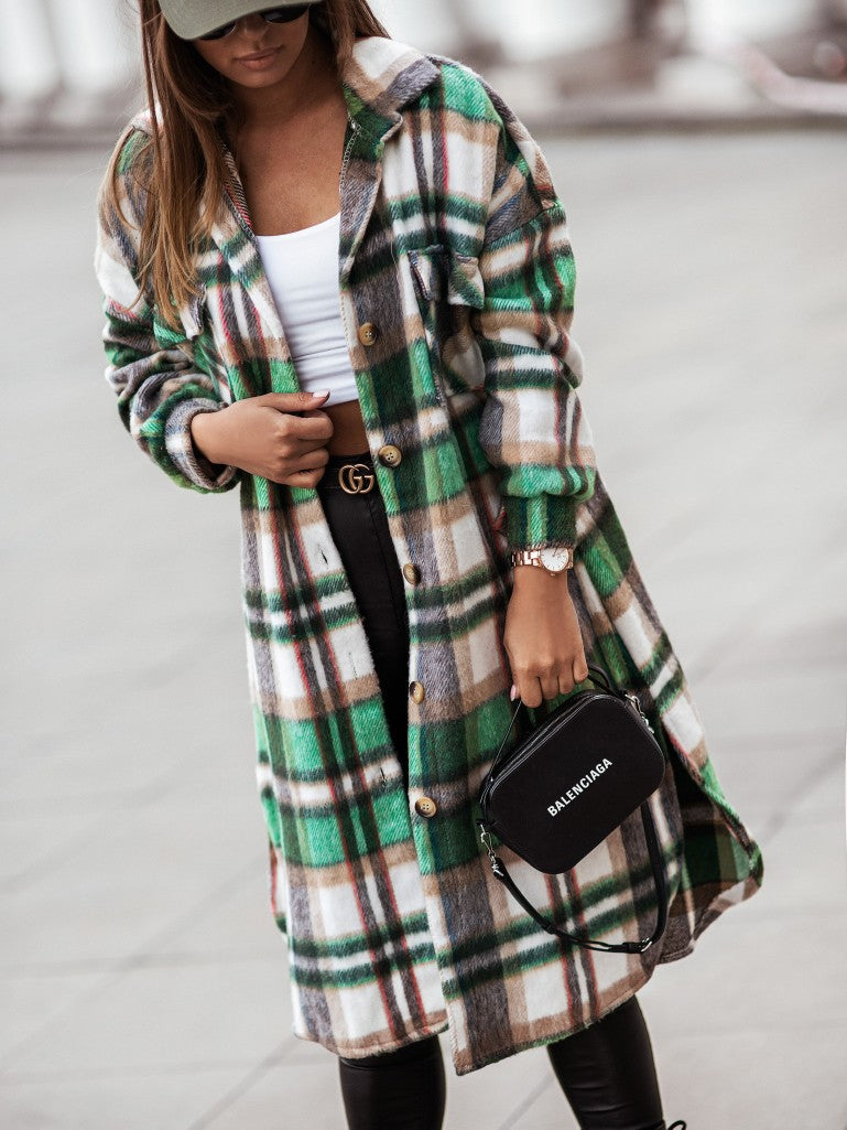 Plaid Trench Coat Mid-Length Shirt plus Size Coat for Women