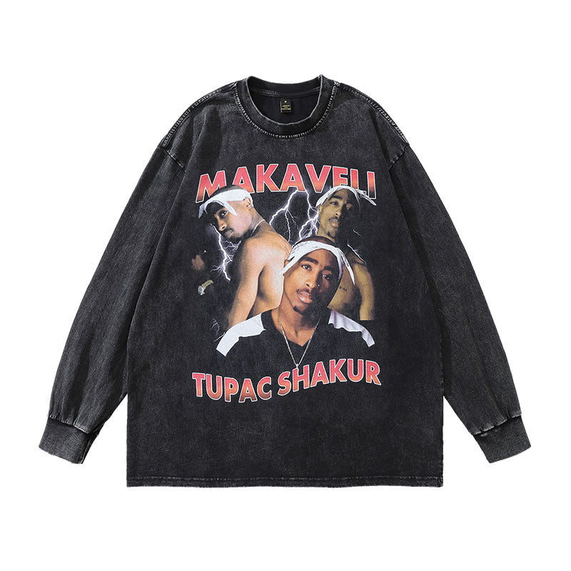 Men Long Sleeve Shirt Hiphop Rapper Portrait Printing Wash Long Sleeve T-shirt Men and Women