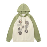 Men Hoodie Science Fiction Pattern Printed Sweater Men's Loose Casual Contrast Color Stitching Raglan Sleeve Hooded