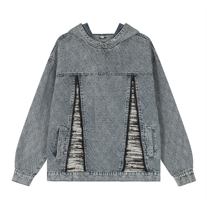 Men Denim Jacket Washed Do the Old Cowboy Sweatshirt Plaid Stitching Design Hooded Pullover
