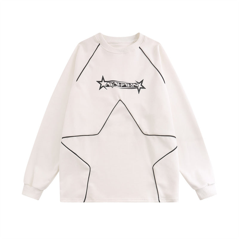 Men Hoodie Five-Pointed Star round Neck Sweater Sports Loose Casual Long Sleeve Pullover Top