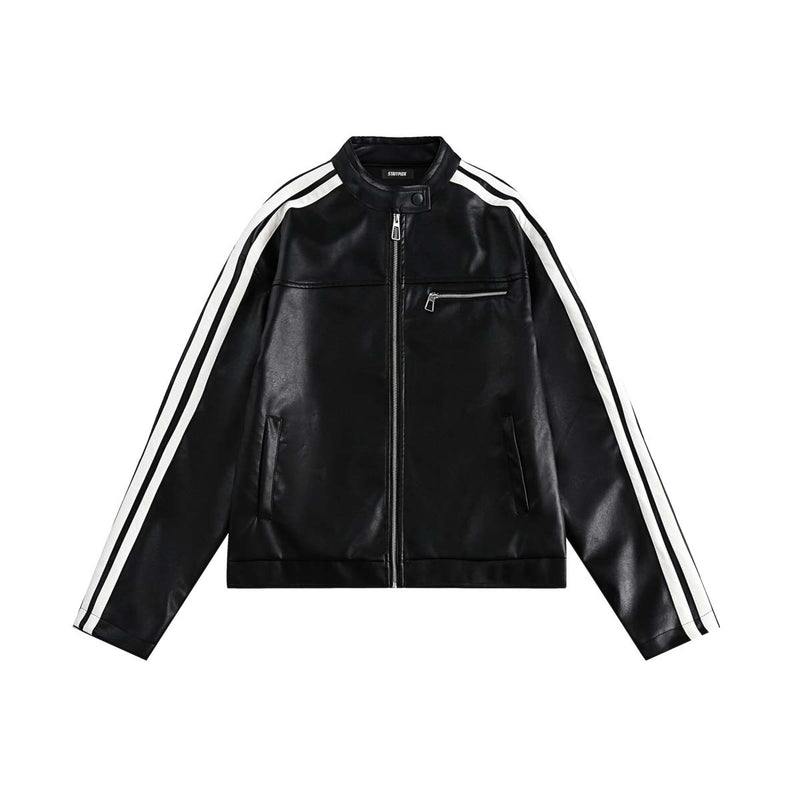 Unisex Jacket Autumn Striped Leather Coat Motorcycle Jacket Women