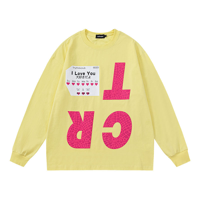 Men Long Sleeve Shirt Dopamine Couple Long Sleeve T-shirt Retro Loose Casual