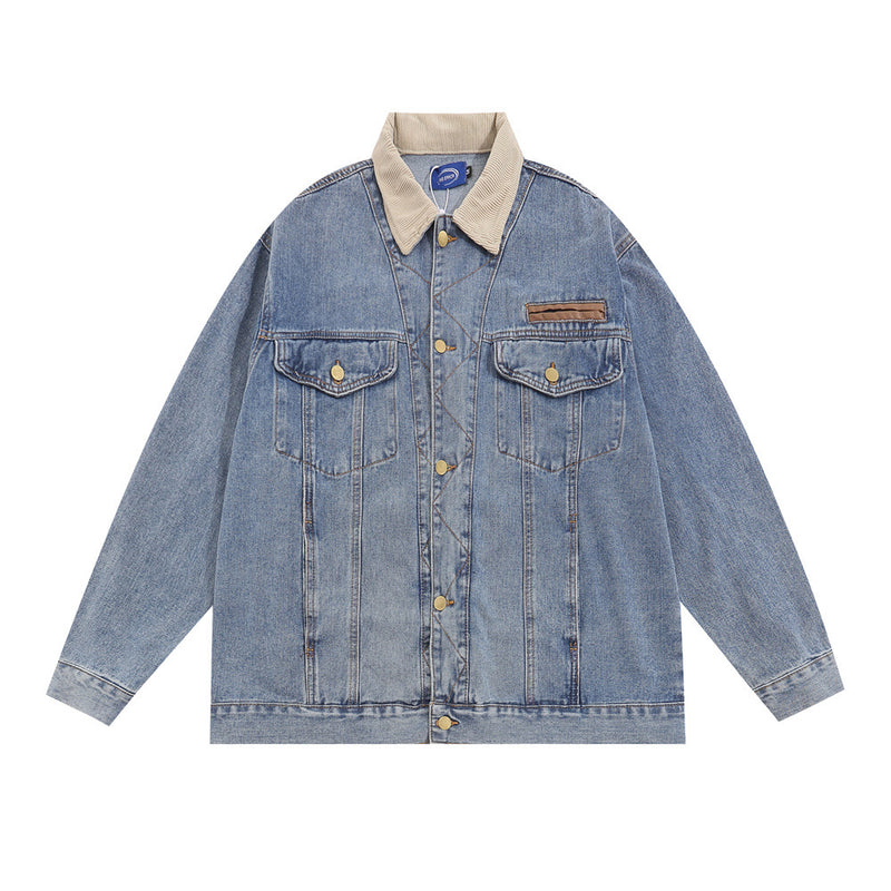 Men Denim Jacket Lapel Washed Denim Jacket Men's Loose Stitching Jacket Spring and Autumn