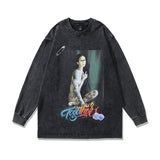 Men Long Sleeve Shirt Cartoon Character Print Distressed Washed Long Sleeve T-shirt for Men and Women