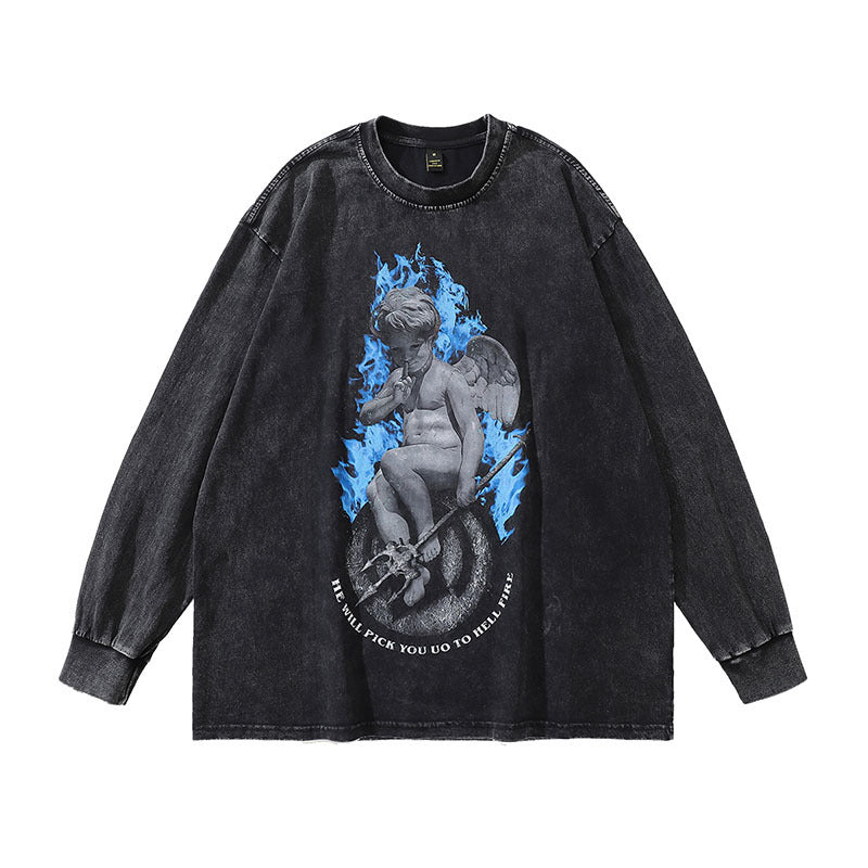 Men Long Sleeve Shirt Vintage Angel Washed Long Sleeve T-shirt Men's Distressed All-Match Top