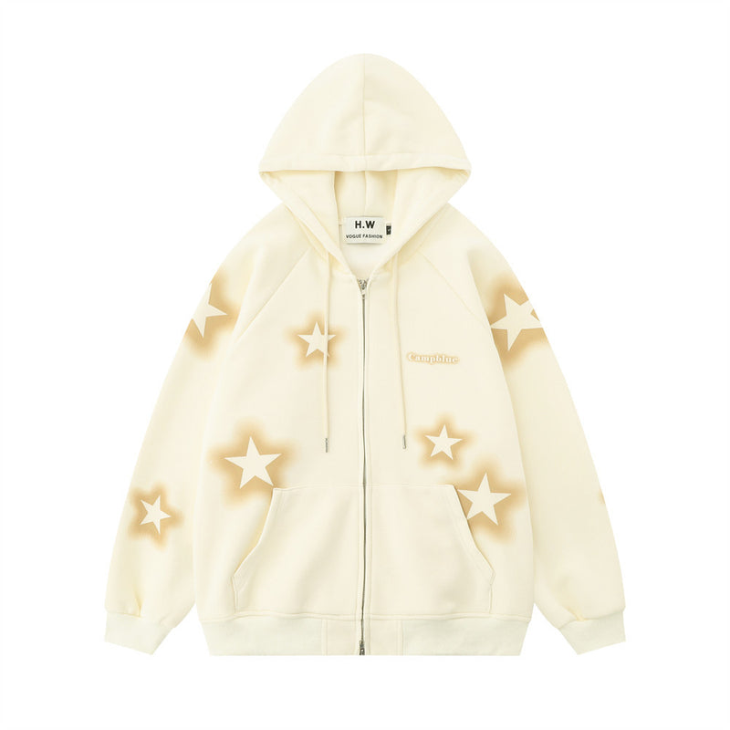 Men Hoodie Pentagram Printed Hooded Jacket Two-Way Zipper Cardigan Sweater