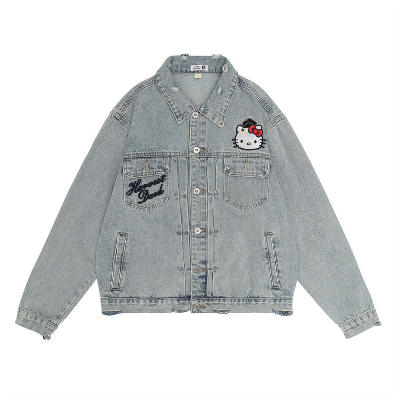 Men Denim Jacket Embroidered Denim Jacket Men's Loose Wash Denim Jacket