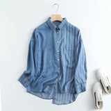 Women T-Shirt Spring and Autumn Polo Collar Stripes Denim Shirt