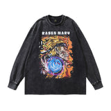 Men Long Sleeve Shirt Hip Hop Retro Cartoon Printed Distressed Long Sleeve T-shirt for Men and Women