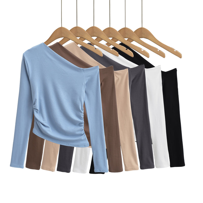 Women's T-Shirt Long-Sleeved T-shirt Women's Autumn Slim-Fit Pleated Bottoming Shirt Top