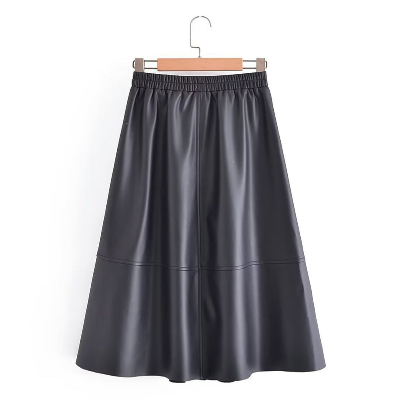 Women Skirt PU Leather Umbrella Skirt Women's Mid-Length Autumn