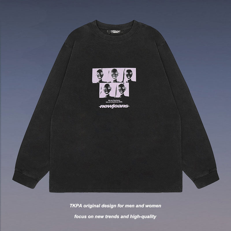 Men Long Sleeve Shirt Retro Washed Distressed Long Sleeve Bottoming T-shirt for Men and Women
