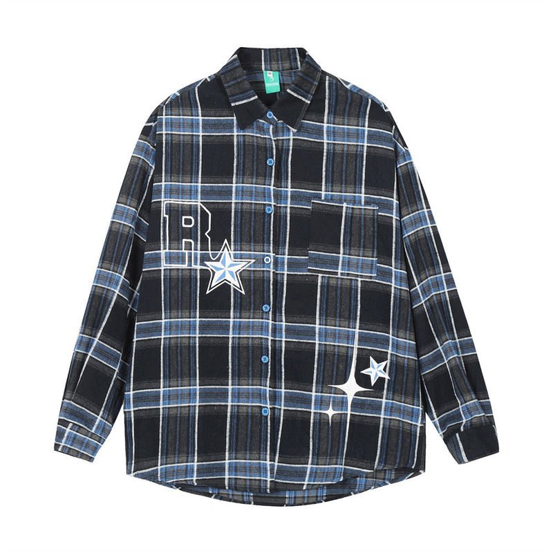 Men Long Sleeved T Shirt Long Sleeve Shirt Spring and Autumn Letter Five-Pointed Star Print Loose Casual Shirt