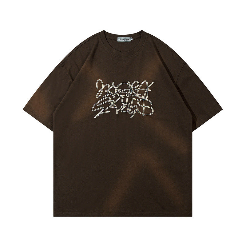 Men T Shirt Hiphip Letter Embroidered Short Sleeve T-shirt Men and Women Couple