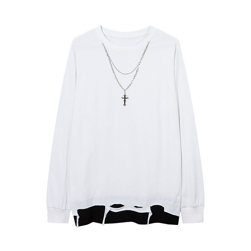 Men Long Sleeve Shirt Fashion Brand Solid Color Make Old Ripped Color Contrast Long Sleeve T-shirt Men's Loose